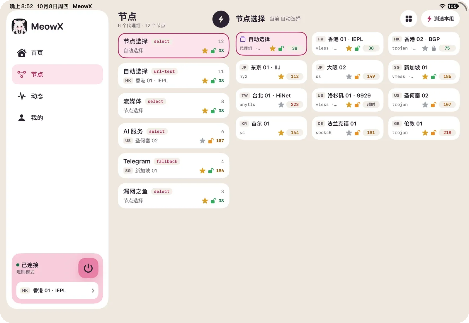 MeowX iPad 横屏节点页截图