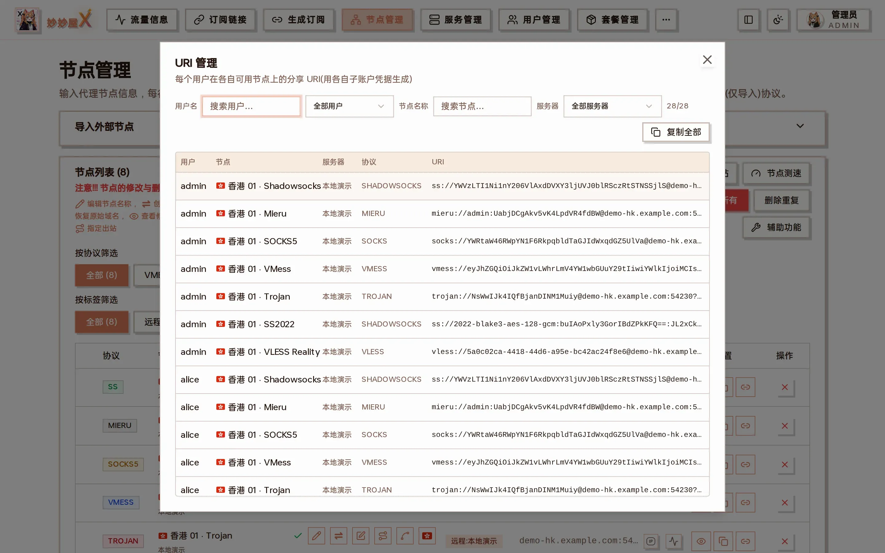 URI 管理对话框截图