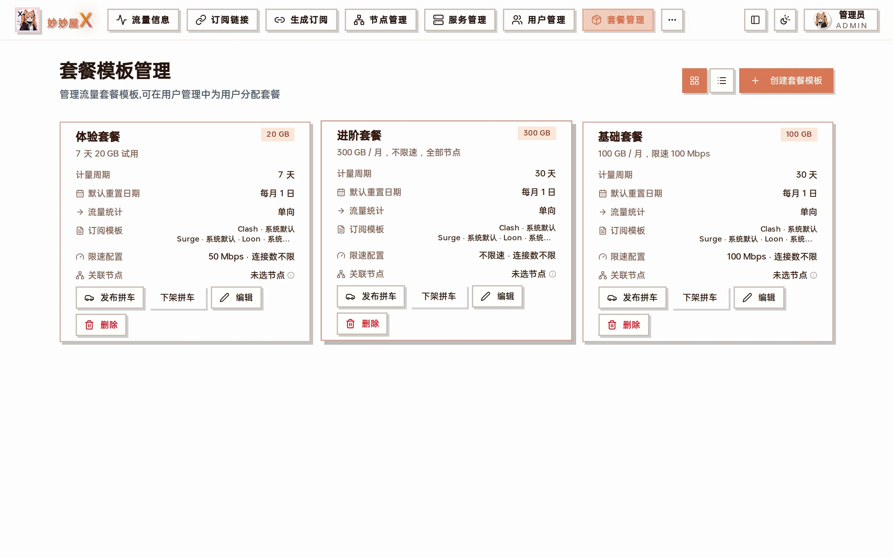套餐管理页面截图