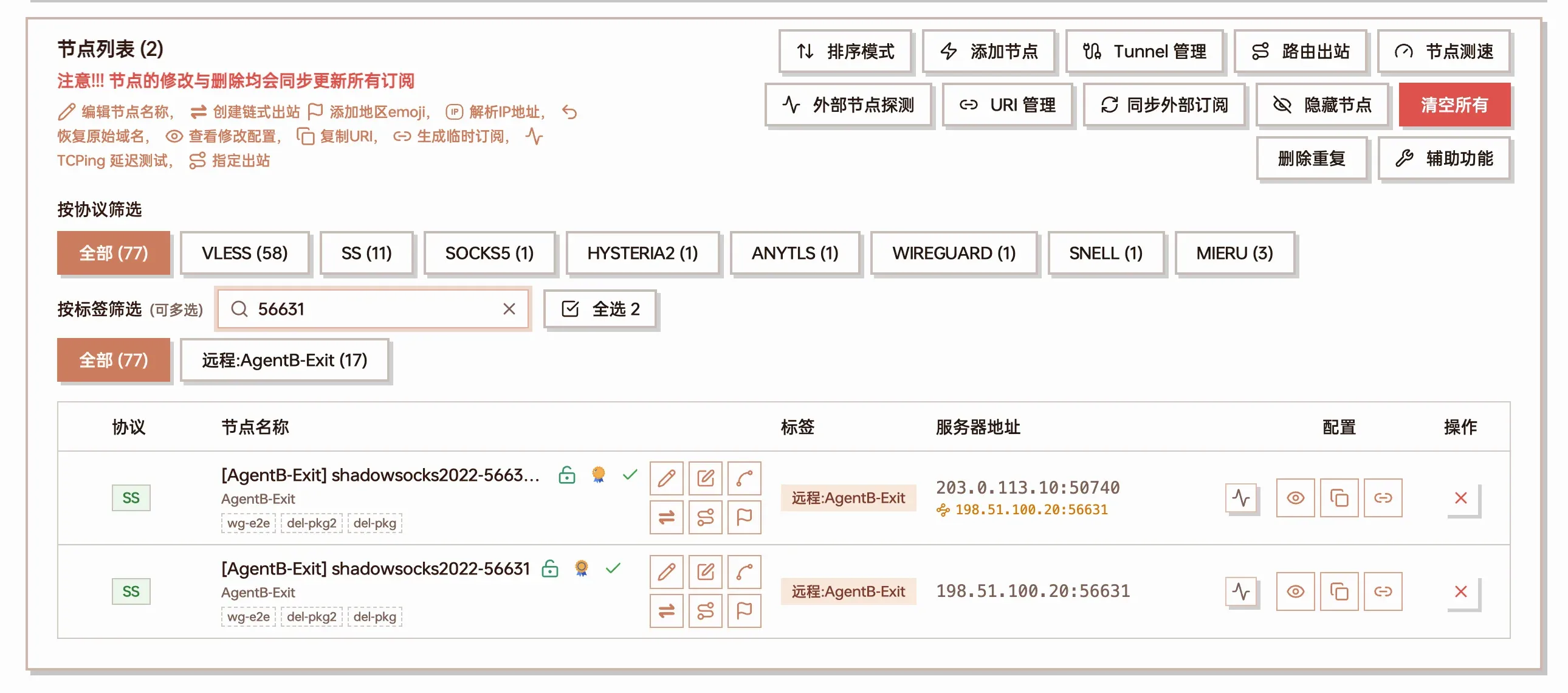 节点列表里的中转节点截图