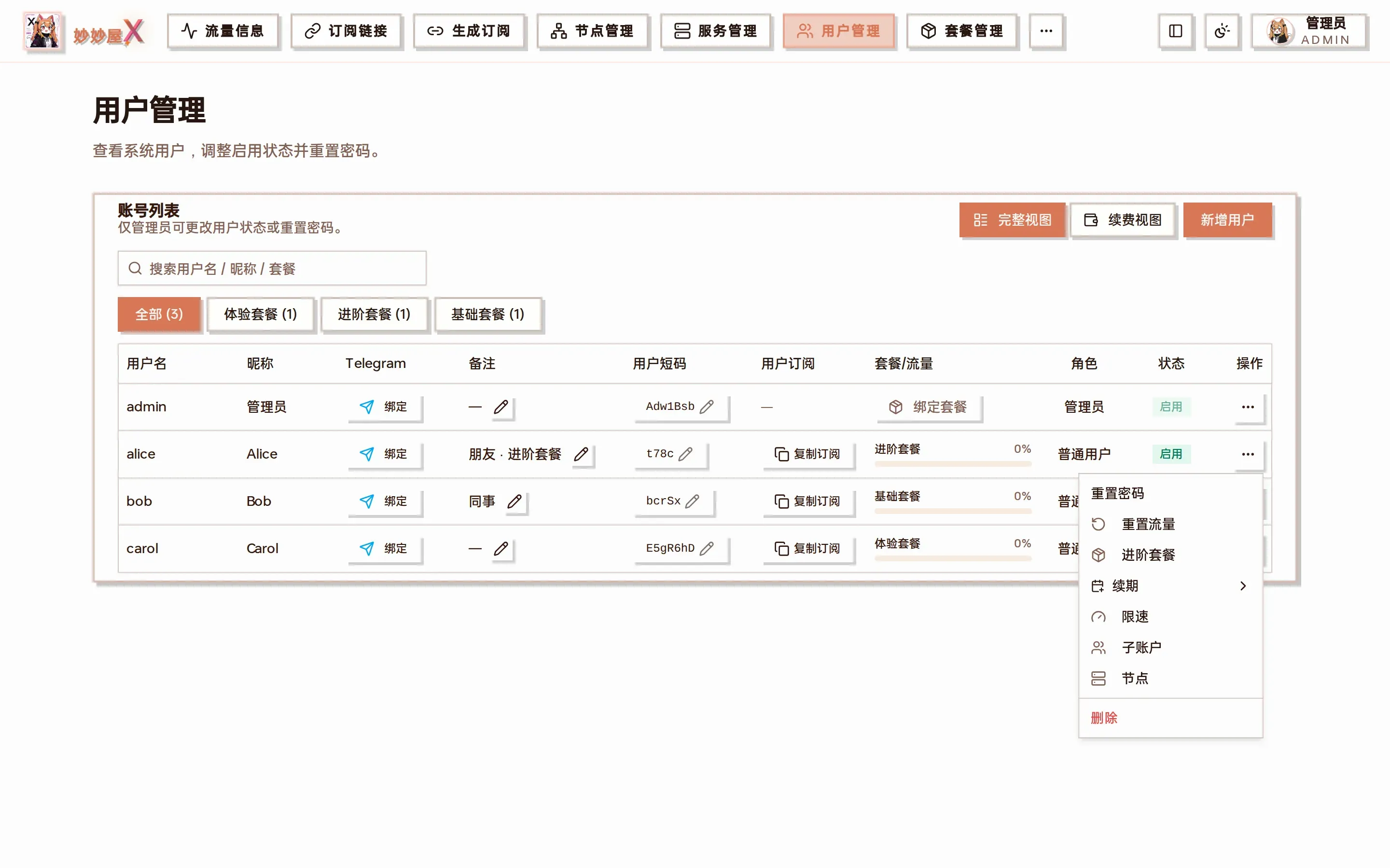 用户操作菜单截图